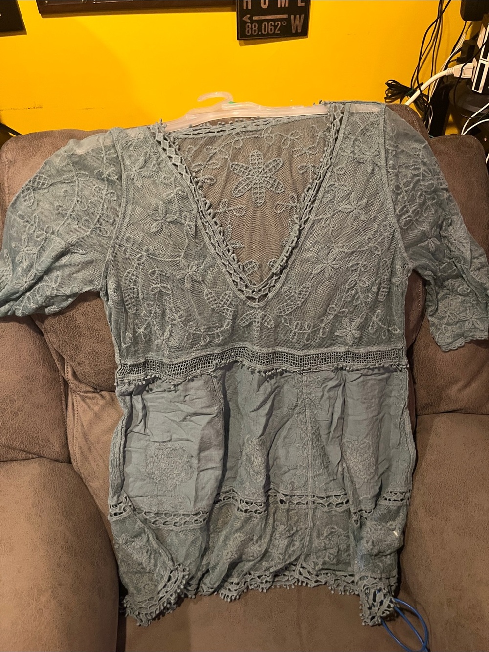 Embroidered V-Neck Tunic Top in Sage Blue